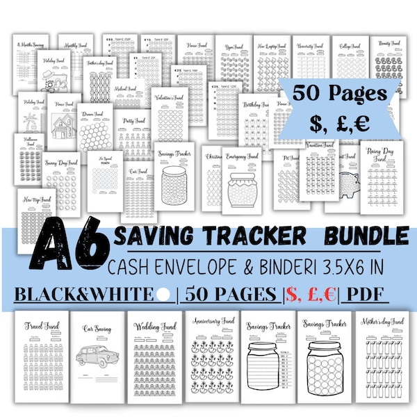 A6 Spar-Tracker Bundle, Schwarz & Weiß Spar-Fonds, Spar-Challenge, Budget, Finannet Planer, Digital GoodNotes, euro, lb.dollar