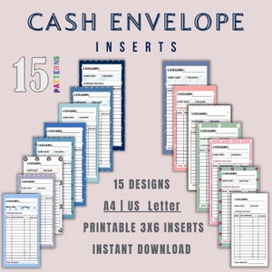以下が含まれることがあります： さまざまなパターンを持つ、印刷可能な現金封筒インサート15個。インサートはA4またはUSレターサイズの用紙用に設計されています。画像のテキストは「CASH ENVELOPE INSERTS 15 PATTERNS 15 DESIGNS A4 | US Letter PRINTABLE 3X6 INSERTS INSTANT DOWNLOAD」です。
