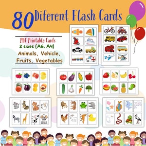 80 cartes imprimables Montessori, Animaux, Véhicule, Fruits, Légumes, PDF, Enseignement à domicile, Cartes Flash, Jouets préscolaires Flashcard, 2 tailles (A6, A4)