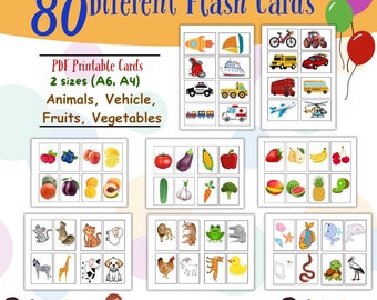 Apprenez facilement les cartes Flash : animaux, véhicules, fruits, légumes (80 cartes imprimables, PDF)