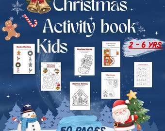 May include: A Christmas activity book for kids, featuring coloring pages, shadow matching, and a maze. The cover includes the text "Christmas Activity Book Kids 2-6 YRS" and "50 PAGES". The background is a dark blue with Christmas-themed illustrations.