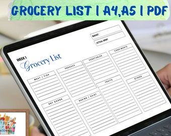 Puede incluir: Una plantilla de lista de la compra digital en la pantalla de una tableta. La plantilla está dividida en categorías como carne, pescado, productos frescos, verduras, frutas, panadería/lácteos, condimentos y otros. La plantilla incluye espacios para escribir un presupuesto y el gasto real.