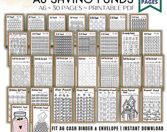May include: A printable set of 30 pages for saving money. The pages feature different saving goals, such as birthday gifts, holidays, cars, houses, shopping, travel, emergency funds, and dream funds. The pages are designed to fit a 6x3.5 inch cash binder and envelope. The pages are black and white and feature various illustrations.