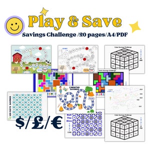 Puede incluir: Un conjunto de 20 páginas imprimibles con desafíos de ahorro para niños. Las páginas presentan ilustraciones coloridas y juegos, que incluyen un juego de mesa con temática de granja, un juego estilo Tetris y un juego de dados. Los juegos animan a los niños a ahorrar dinero y a hacer un seguimiento de su progreso.