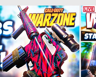 May include: Three Call of Duty Warzone live stream banners with different designs. The first banner features a pink and black patterned assault rifle with a red scope. The second banner features a purple and black patterned pistol with the text "Stay Grinding!" The third banner features two blue and black pistols with the text "Come at me!"