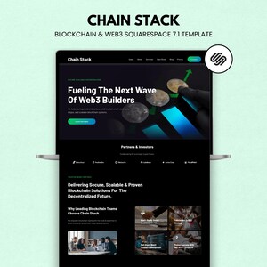 Könnte beinhalten: Ein schwarzer Computerbildschirm zeigt die Wörter "CHAIN STACK" und "BLOCKCHAIN & WEB3 SQUARESPACE 7.1 TEMPLATE." Der Bildschirm zeigt eine Website-Oberfläche mit dem Text "Fueling The Next Wave Of Web3 Builders."