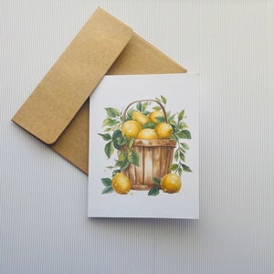 Watercolor Lemon Basket Note Card with Envelope, Spring Note Card, Summer Note Card, Lemons Card, Greeting Card,  Lemon Thank You Cards