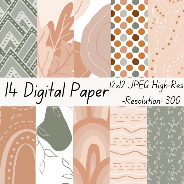 14 Boho Digital Papers, Boho Scrapbook Paper, Boho Backgrounds, Boho Patterns, Commercial Use Digital, Cute Boho