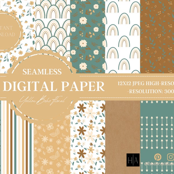 14 Seamless Boho Digital Papers, Boho Scrapbook Paper, Boho Backgrounds, Boho Patterns, Commercial Use, Boho Floral Digital Paper