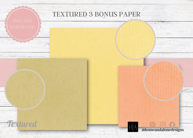 Może przedstawiać: Trzy arkusze teksturowanego papieru w kolorze ż&oacute;łtym, brzoskwiniowym i oliwkowym, z bliska tekstury papieru. U g&oacute;ry widnieje napis "TEXTURED 3 BONUS PAPER". R&oacute;żowe koło z napisem "INSTANT DOWNLOAD" znajduje się w lewym g&oacute;rnym rogu.