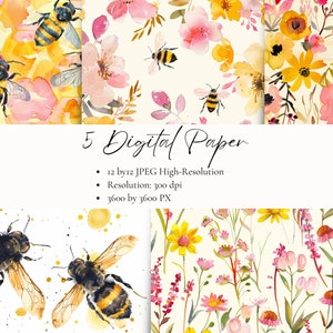 May include: A collection of five digital papers featuring watercolor illustrations of bees, flowers, and honeycomb patterns. The designs include pink, yellow, and orange floral arrangements, and the text reads "5 Digital Paper". Each paper is 12 by 12 inches at 300 dpi.