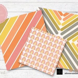 Może przedstawiać: Kolekcja wzorzystych arkuszy papieru w stylu retro. Wzory obejmują ukośne paski w kolorach pomarańczowym, ż&oacute;łtym i r&oacute;żowym, powtarzający się wz&oacute;r tęczy i geometryczne kształty. Widoczne są słowa "Natychmiastowe pobieranie" i "Teksturowane".