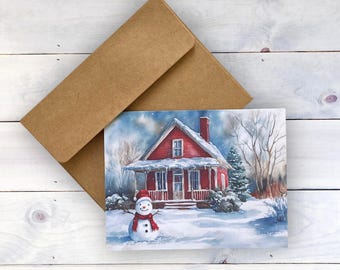 Red House Christmas Cards, Christmas Cards, Holiday Cards, Snowman Cards, Christmas Scenery Cards, Unique Christmas Cards