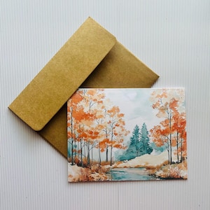 May include: A watercolor painting of a forest scene with a stream running through it. The trees are in shades of orange and brown, and the water is a light blue. There are two tall evergreen trees in the background.