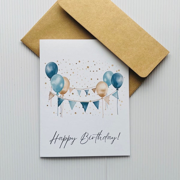 Happy Birthday Card with Envelope, Birthday Balloons Card, Happy Birthday, Blue Balloons Cards, Brithday for him