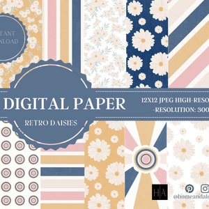 Retro Digital Papers, Retro Scrapbook Paper, Retro Backgrounds, Daisy, Retro, Commercial Use, Boho Digital Paper, Summer Digital Paper