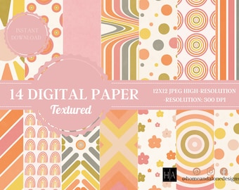 Retro Digital Papers, Retro Scrapbook Paper, Retro Backgrounds, Retro Patterns, Commercial Use, Boho Digital paper, Groovy Digital Paper
