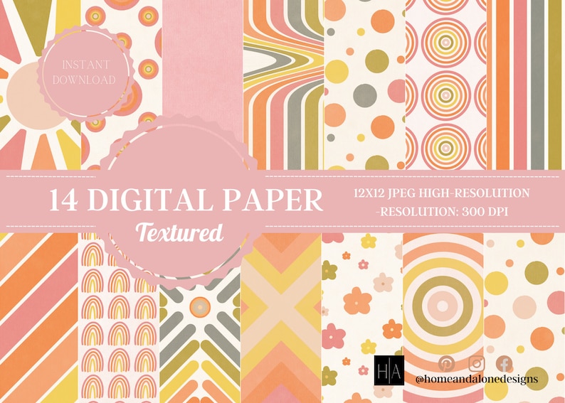 Może przedstawiać: Zestaw 14 cyfrowych papier&oacute;w z wzorami w stylu retro w odcieniach pomarańczu, r&oacute;żu, ż&oacute;łci i zieleni. Papiery zawierają geometryczne wzory, w tym paski, koła i kwiaty. Tekst brzmi "14 DIGITAL PAPER Textured".