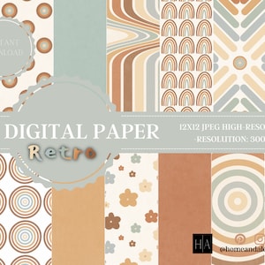 Retro Digital Papers, Retro Scrapbook Paper, Retro Backgrounds, Retro Patterns, Commercial Use, Boho Digital Paper, Groovy Digital Paper