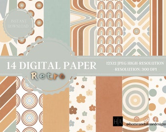 Retro Digital Papers, Retro Scrapbook Paper, Retro Backgrounds, Retro Patterns, Commercial Use, Boho Digital Paper, Groovy Digital Paper