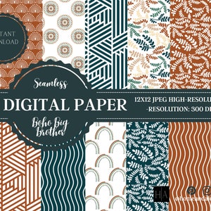 Boho Digital Papers, Boho Scrapbook Paper, Boho Backgrounds, Boho Patterns, Commercial Use Digital, Cute Boho