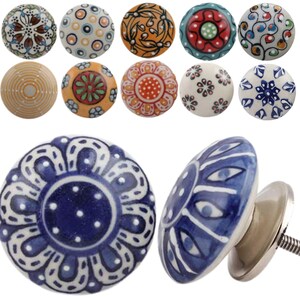 Pomos de puerta de cerámica coloridos, tiradores de armario estilo bohemio vintage, tiradores de cajones, pintados a mano, grandes, redondos, hippies, estilo shabby chic.