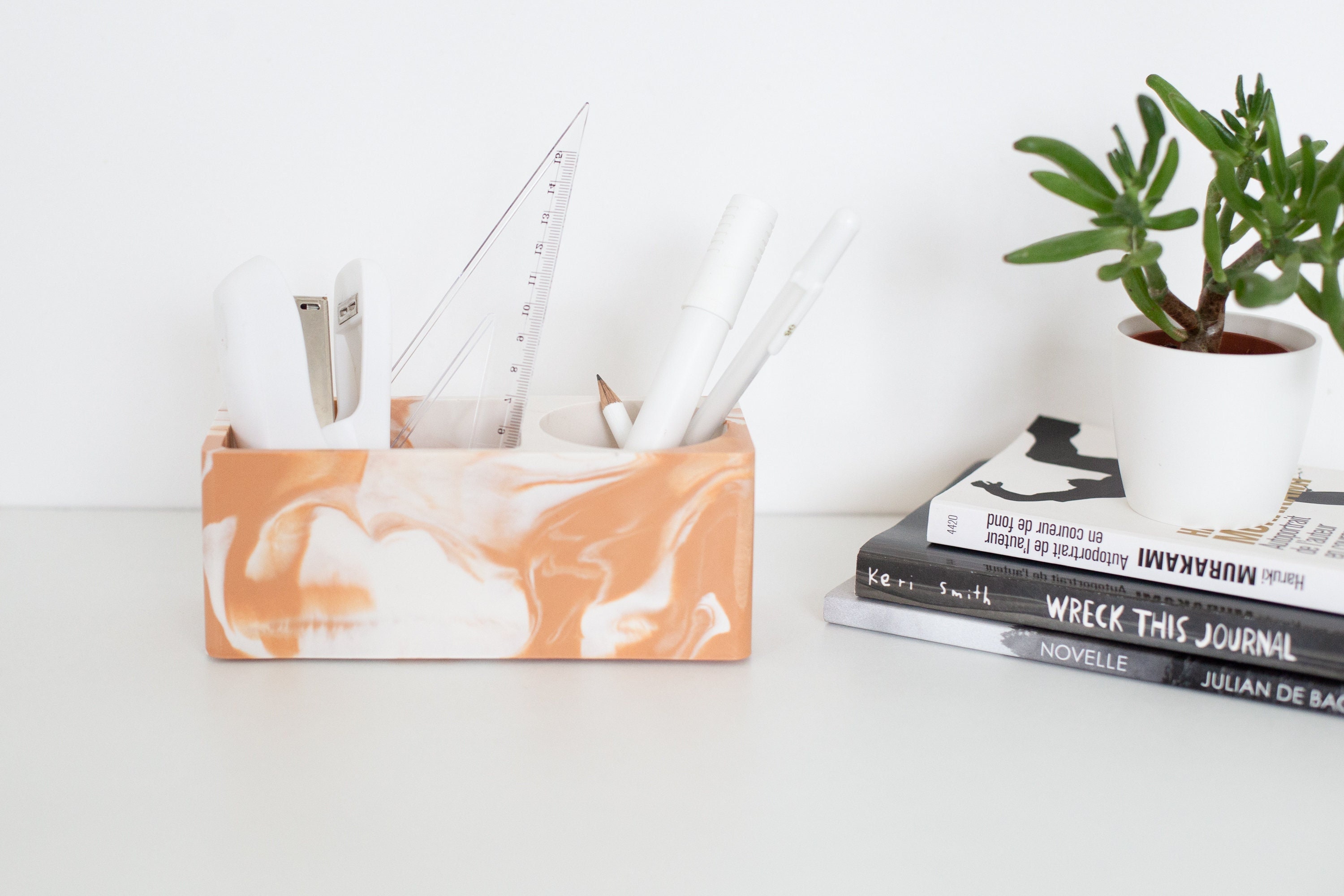 Rangement de Bureau Terracotta Marbré - Organiseur Boîte Rangement Porte-stylo Fait Main Nécessaire 