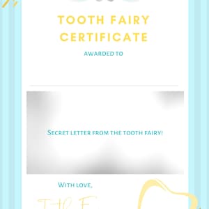 May include: A blue and white tooth fairy certificate with a cartoon tooth with wings and a halo. The certificate says "Tooth Fairy Certificate" and "Awarded To" with a blank space for a name. It also says "Secret Letter from the Tooth Fairy!" and "With Love, Tooth Fairy".