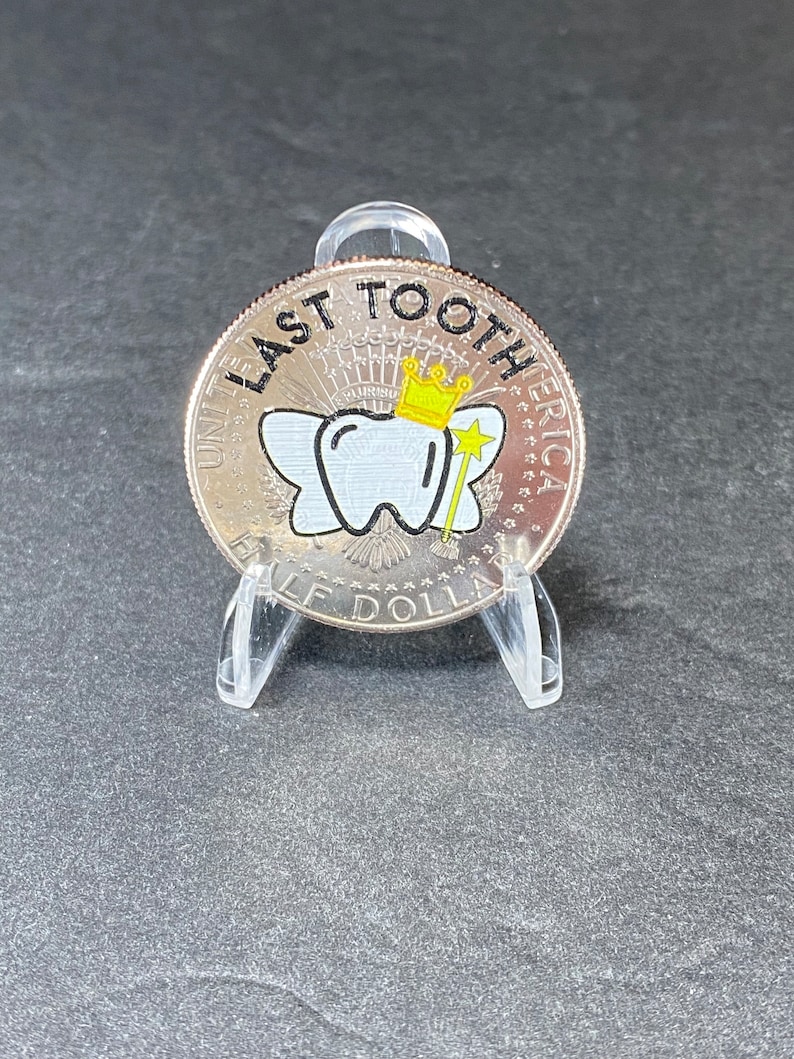Our uncirculated Last Tooth JFK Tooth Fairy Coin comes in a protective coin holder and packaged in a gift box.