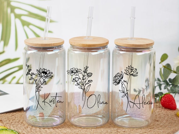 16 Oz Personalized Glass Cup With Bamboo Lid and Straw Custom Beer Can Mug,  Mason Jar, Bridesmaid Gift, Tumbler, Bachelorette Favor 