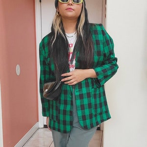 80s sketch U.S.A. vintage green and black plaid blazer / size medium / green checkered smart casual