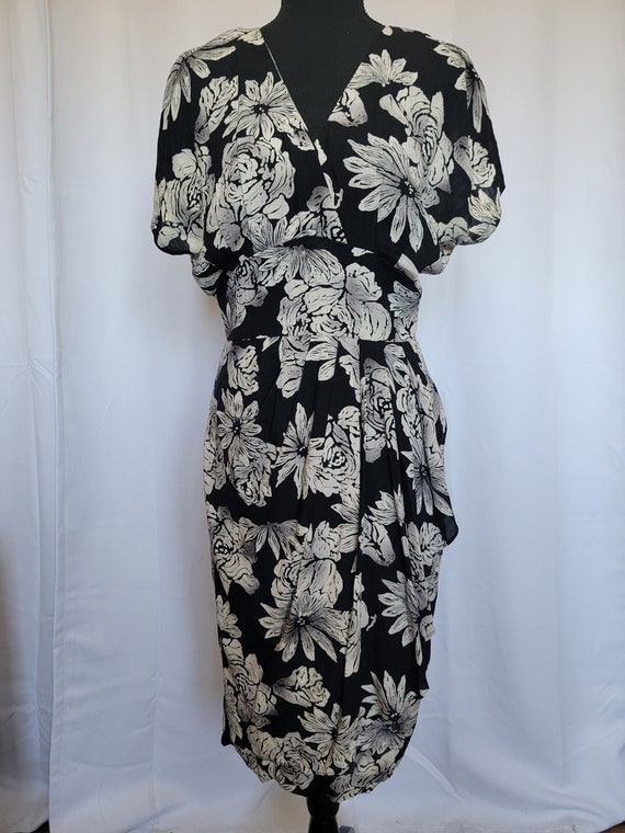 Vintage black and white floral draped sheath dress