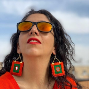 handmade Embroidered Earrings,Persian Embroidered Earrings,Square Earrings, Persian Gift,Mirror Earrings,Persian Earrings,Statement earrings