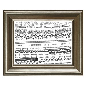 May include: A framed artwork with a gold-coloured frame, displaying a series of black and white abstract patterns. The word "rambling" is repeated across the artwork. The patterns consist of lines, dots, and geometric shapes, creating a visually engaging piece.