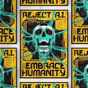 May include: A series of framed posters with a futuristic, cyberpunk theme. The central image features a teal skull with red cross-shaped eyes, surrounded by wires, and the text "EMBRACE HUMANITY" in bold yellow letters. The posters have a black border.