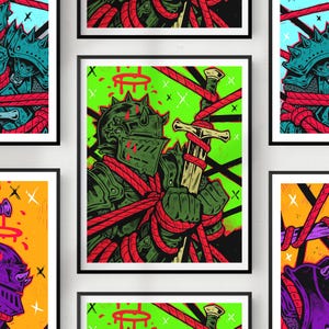 May include: A framed art print featuring a dark green armoured knight with a spiked helmet, holding a sword. The figure is bound by thick red ropes against a vibrant lime green background with black cross marks and a red dripping halo graphic.