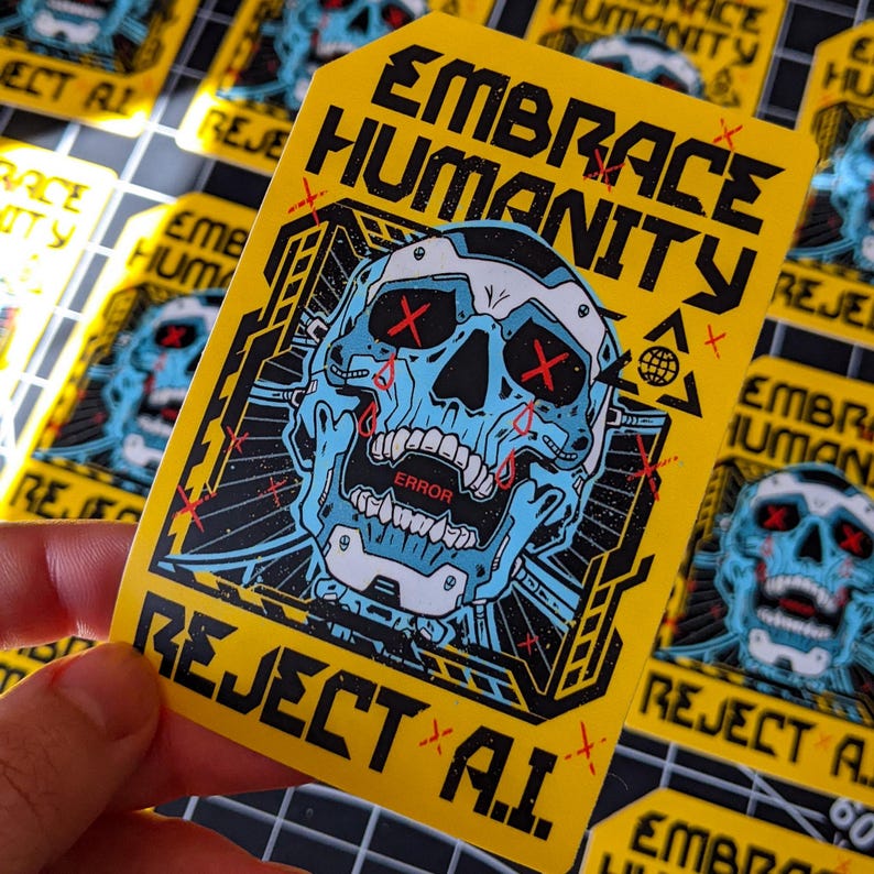Pu&ograve; includere: Adesivo giallo con le scritte "EMBRACE HUMANITY" e "REJECT A.I.". Presenta un teschio blu con dettagli rossi. La bocca del teschio &egrave; aperta, rivelando la parola "ERROR". L'adesivo ha uno stile futuristico e cyberpunk.