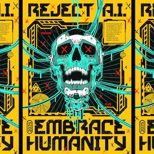 May include: A digital art print with a yellow background and a teal skull with red cross-shaped eyes. The text "REJECT A.I." and "EMBRACE HUMANITY" are displayed. The image has a futuristic, cyberpunk theme.