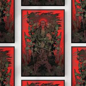 May include: A framed art print with a dark, gothic illustration. The artwork features figures with weapons and a central figure with a crown, set against a red background. The style is reminiscent of a dark fantasy or horror theme.