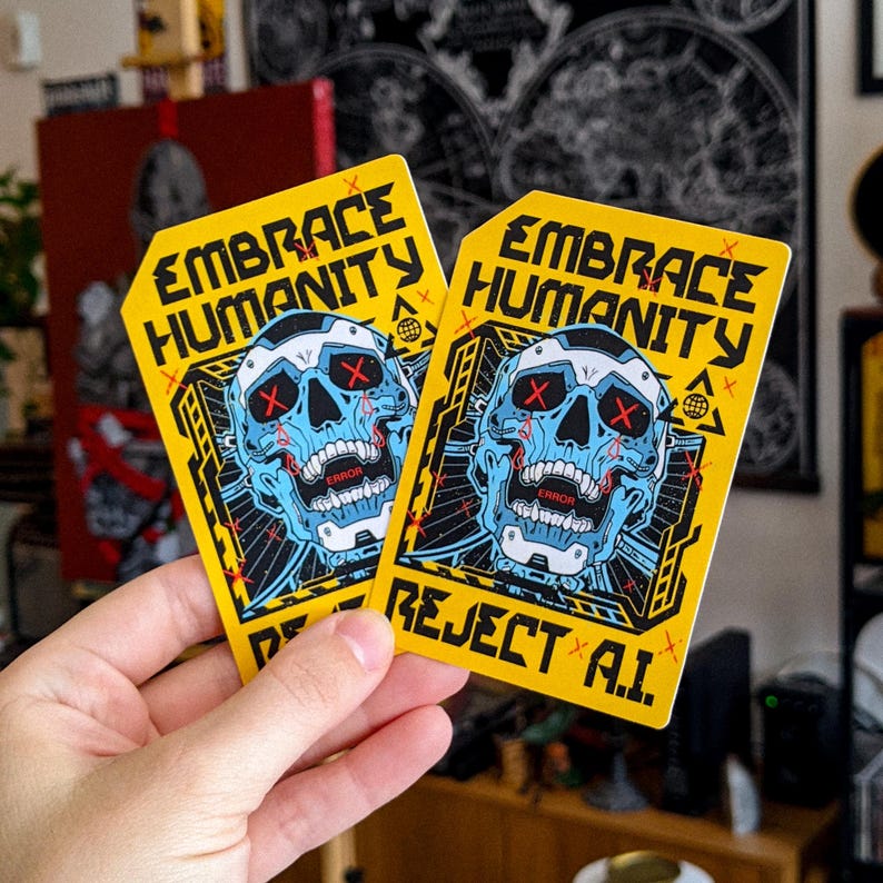 Pu&ograve; includere: Due adesivi gialli con il testo "EMBRACE HUMANITY" e "REJECT A.I." presentano un design a teschio blu con occhi a forma di croce rossa. Gli adesivi hanno una forma unica e sono tenuti in mano.