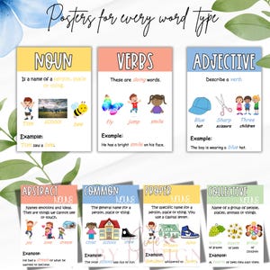 Vibrant Verb, Noun, and Adjective Posters including types of Nouns