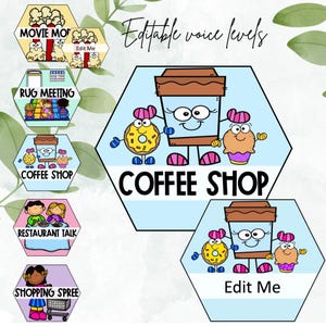 Puede incluir: Un conjunto de letreros coloridos de estilo caricatura para usar en el aula o la oficina. Cada letrero presenta un tema diferente, como "Modo Cine" o "Coffee Shop", con ilustraciones y texto. Los letreros están diseñados con campos de texto editables.