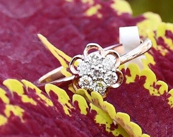 14K Solid Gold Diamond Flower Ring: Handmade Party Jewelry