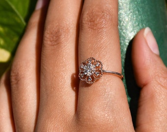 14K Solid Gold Diamond Flower Ring: Handmade Party Jewelry
