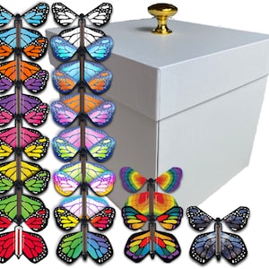 May include: A white box with a gold knob on the lid. The box is surrounded by a variety of colorful butterfly toys. The butterflies have different patterns and colors, including red, orange, yellow, green, blue, purple, and black.