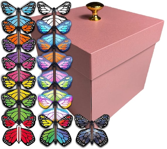 Caja de mariposas rosas explosivas con mariposas voladoras monarca -   España
