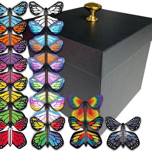 May include: A collection of colorful butterfly toys with various wing patterns, arranged near a black box with a gold knob. The butterflies feature designs in shades of blue, orange, purple, pink, green, and rainbow hues.