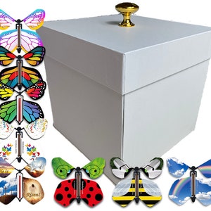 May include: A white box with a gold knob on the lid. The box is surrounded by colorful butterfly toys with different designs, including a rainbow, a ladybug, a bee, and a cross.