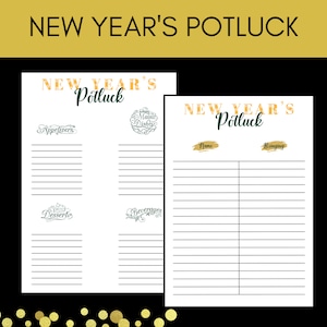 Puede incluir: Una hoja de inscripción para un potluck de Año Nuevo imprimible con secciones para aperitivos, platos principales, postres y bebidas. La hoja también incluye una sección para que los invitados enumeren sus nombres y lo que van a traer.