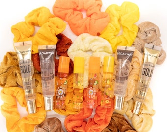 Sassy  lip bundle, Lip gloss bundle, Lip moisture, Scrunchie set, Orange and yellow bundle, gift for her, Party favors!!!!!!!